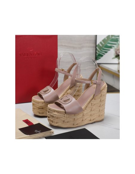Cheap Reps Valentino VLogo Cut-out Espadrille Wedge Sandals in Beige Leather
