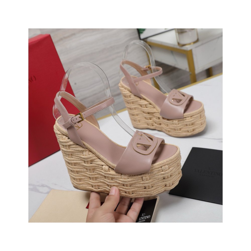 Cheap Reps Valentino VLogo Cut-out Espadrille Wedge Sandals in Beige Leather