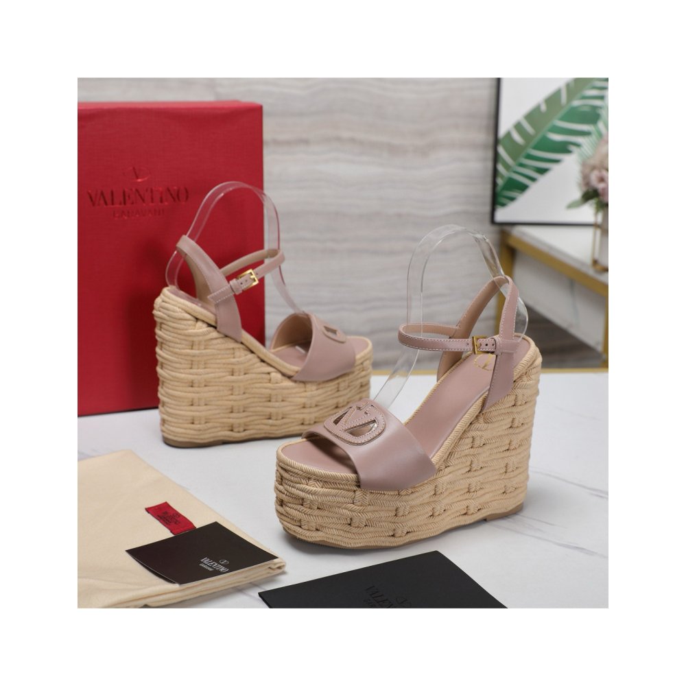 Cheap Reps Valentino VLogo Cut-out Espadrille Wedge Sandals in Beige Leather