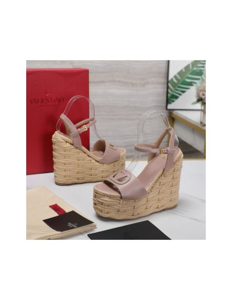 Cheap Reps Valentino VLogo Cut-out Espadrille Wedge Sandals in Beige Leather
