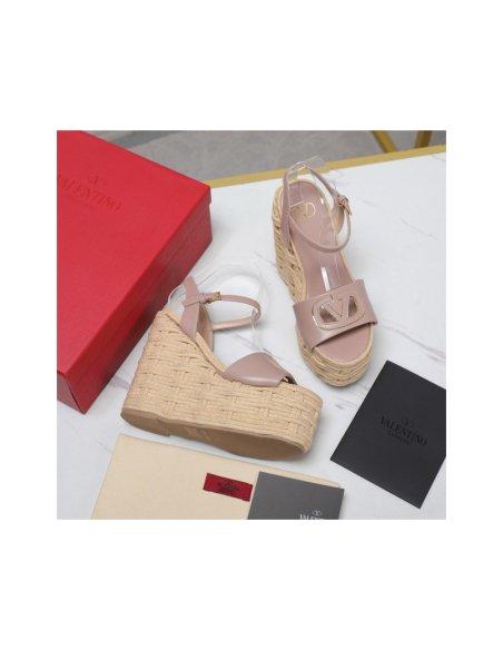 Cheap Reps Valentino VLogo Cut-out Espadrille Wedge Sandals in Beige Leather