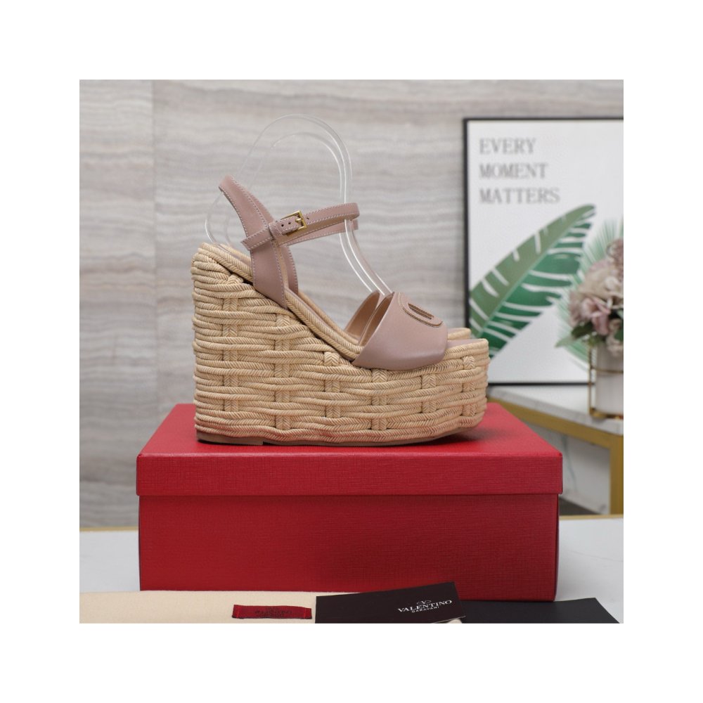 Cheap Reps Valentino VLogo Cut-out Espadrille Wedge Sandals in Beige Leather