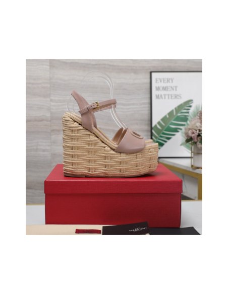 Cheap Reps Valentino VLogo Cut-out Espadrille Wedge Sandals in Beige Leather