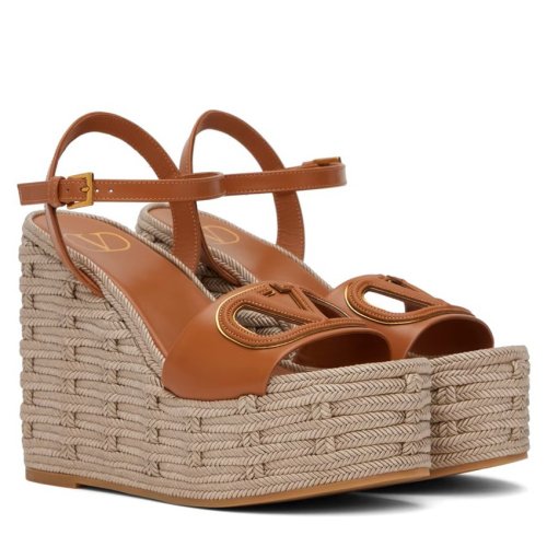 Cheap Reps Valentino VLogo Cut-out Espadrille Wedge Sandals in Brown Leather