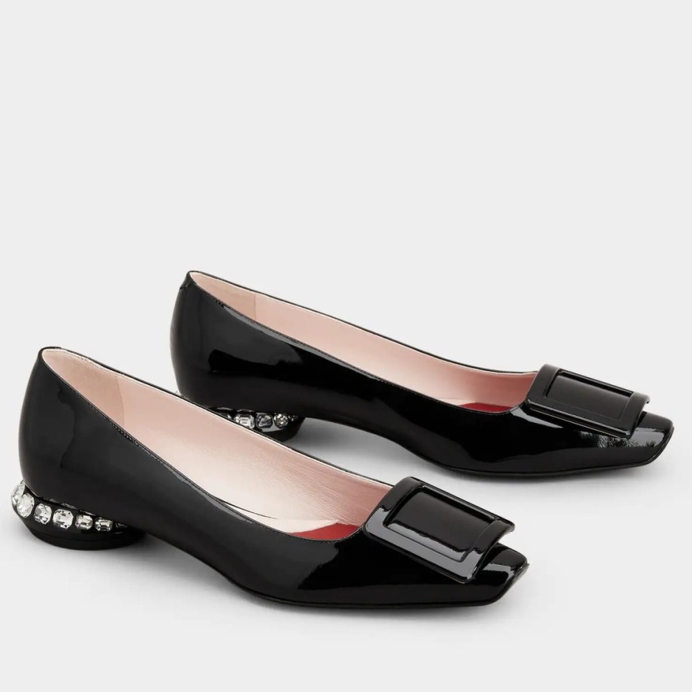 Cheap Reps Roger Vivier Strass Heel Covered Buckle Ballerinas In Black Patent Leather