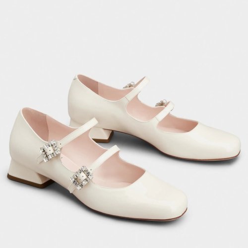 Cheap Reps Roger Vivier Tres Vivier Strass Buckle Mini Babies Ballerinas in White Patent Leather