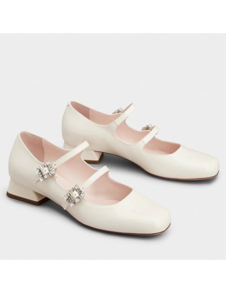 Cheap Reps Roger Vivier Tres Vivier Strass Buckle Mini Babies Ballerinas in White Patent Leather