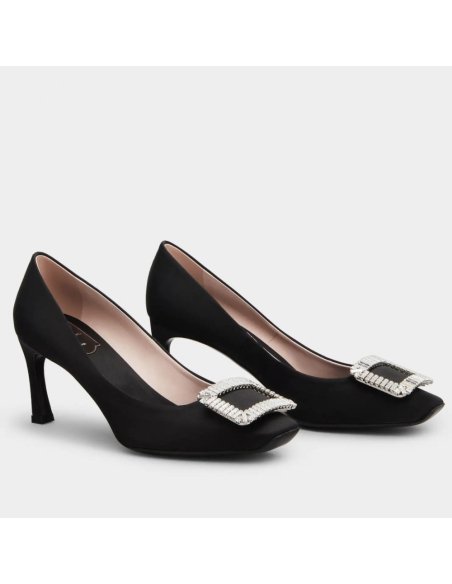 Cheap Reps Roger Vivier Trompette Crystal Buckle Pumps in Black Satin