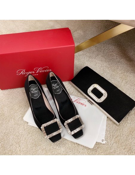 Cheap Reps Roger Vivier Trompette Crystal Buckle Pumps in Black Satin