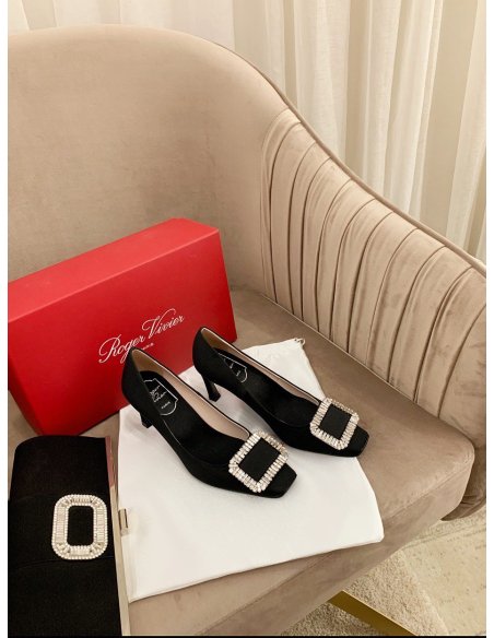 Cheap Reps Roger Vivier Trompette Crystal Buckle Pumps in Black Satin
