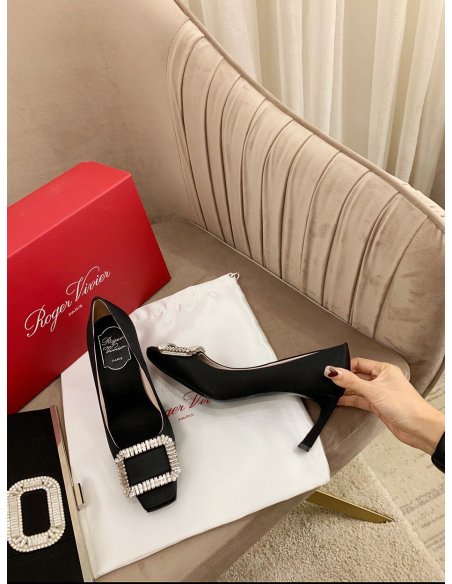 Cheap Reps Roger Vivier Trompette Crystal Buckle Pumps in Black Satin