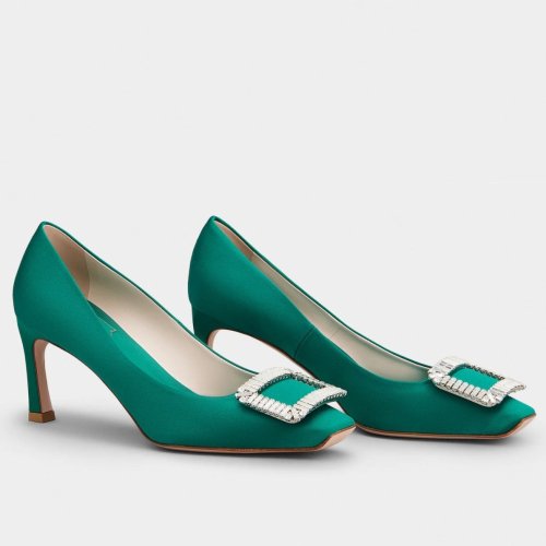 Cheap Reps Roger Vivier Trompette Crystal Buckle Pumps in Green Satin