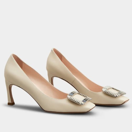 Cheap Reps Roger Vivier Trompette Crystal Buckle Pumps in Off White Leather