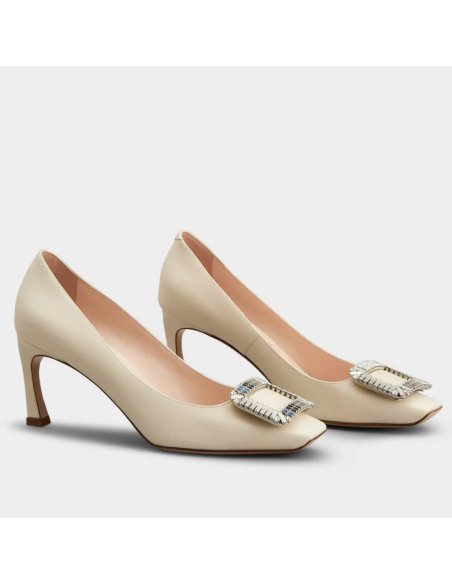 Cheap Reps Roger Vivier Trompette Crystal Buckle Pumps in Off White Leather