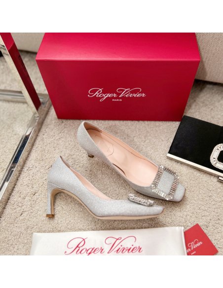 Cheap Reps Roger Vivier Trompette Crystal Buckle Pumps in Glitter Fabrics