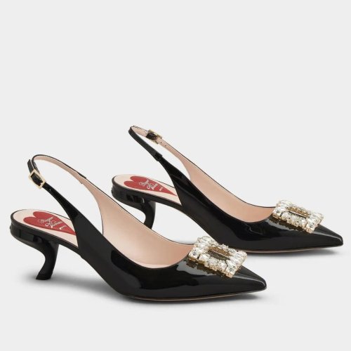 Cheap Reps Roger Vivier Virgule Strass Buckle Slingback Pumps in Black Patent Leather