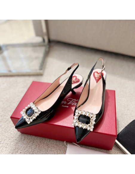 Cheap Reps Roger Vivier Virgule Strass Buckle Slingback Pumps in Black Patent Leather