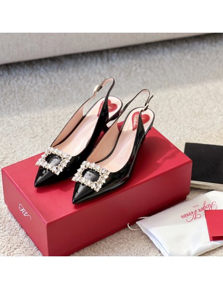 Cheap Reps Roger Vivier Virgule Strass Buckle Slingback Pumps in Black Patent Leather
