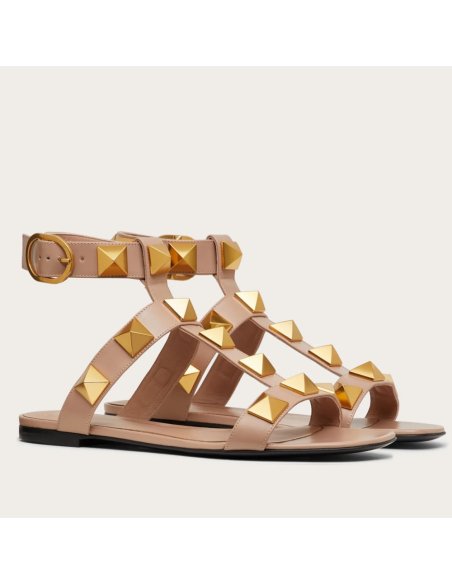 Cheap Reps Valentino Roman Stud Flat Sandals In Rose Cannelle Calfskin