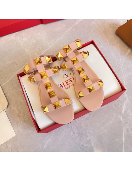 Cheap Reps Valentino Roman Stud Flat Sandals In Rose Cannelle Calfskin
