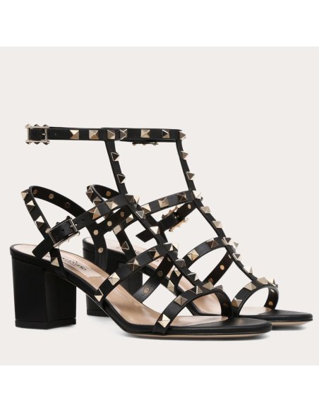Cheap Reps Valentino Rockstud Ankle Strap Sandals 60mm In Black Calfskin