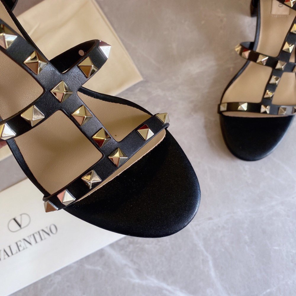 Cheap Reps Valentino Rockstud Ankle Strap Sandals 60mm In Black Calfskin