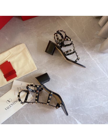 Cheap Reps Valentino Rockstud Ankle Strap Sandals 60mm In Black Calfskin