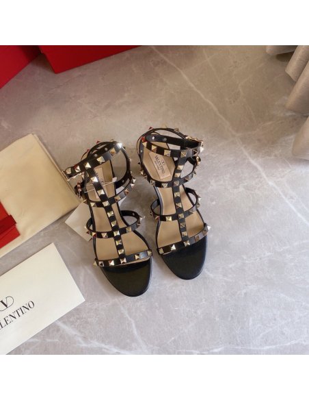 Cheap Reps Valentino Rockstud Ankle Strap Sandals 60mm In Black Calfskin