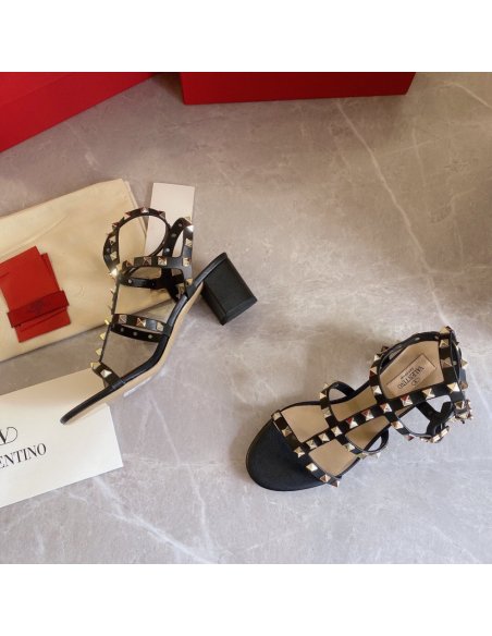 Cheap Reps Valentino Rockstud Ankle Strap Sandals 60mm In Black Calfskin