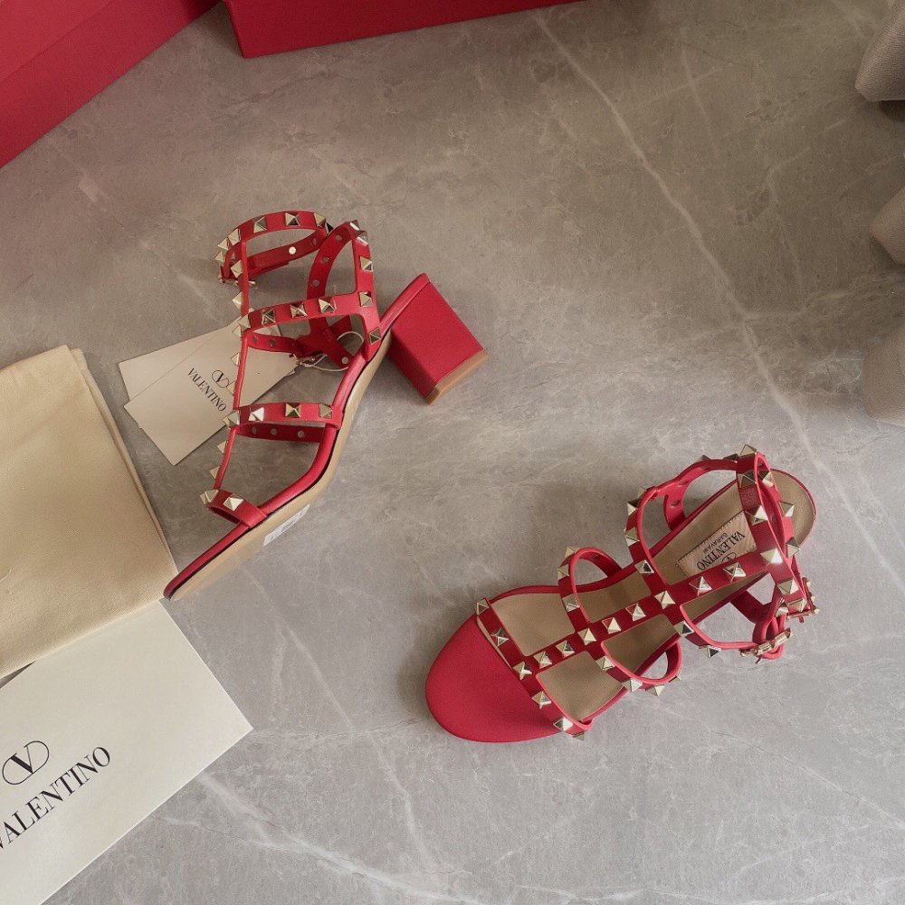 Cheap Reps Valentino Rockstud Ankle Strap Sandals 60mm In Red Calfskin