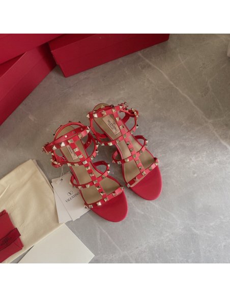 Cheap Reps Valentino Rockstud Ankle Strap Sandals 60mm In Red Calfskin