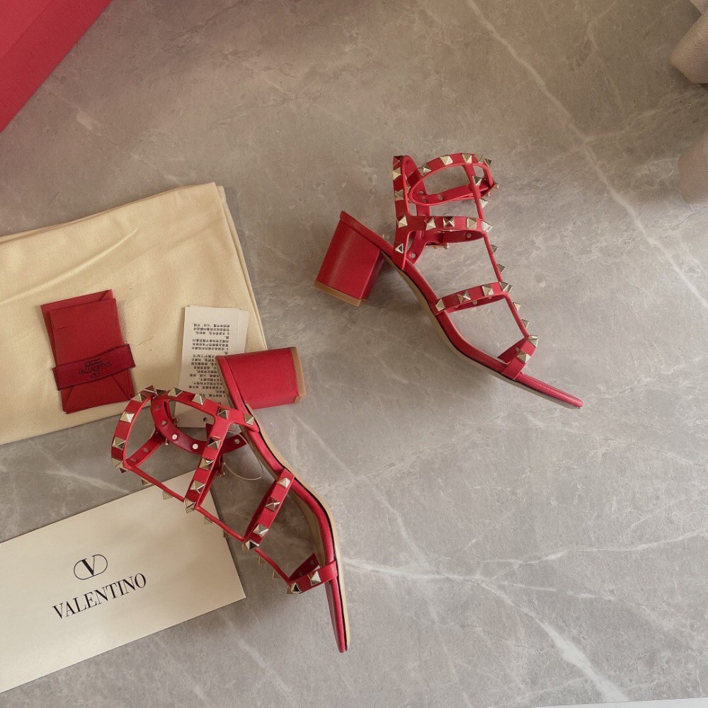 Cheap Reps Valentino Rockstud Ankle Strap Sandals 60mm In Red Calfskin