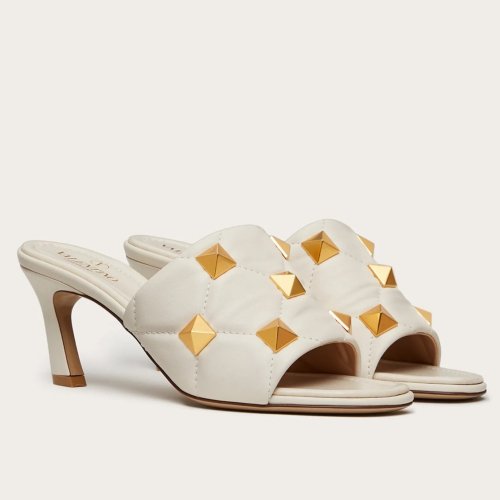 Cheap Reps Valentino Roman Stud Slide Sandals 65mm In White Leather
