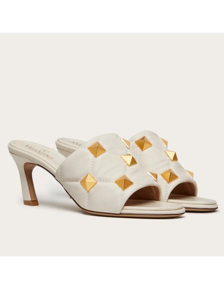 Cheap Reps Valentino Roman Stud Slide Sandals 65mm In White Leather