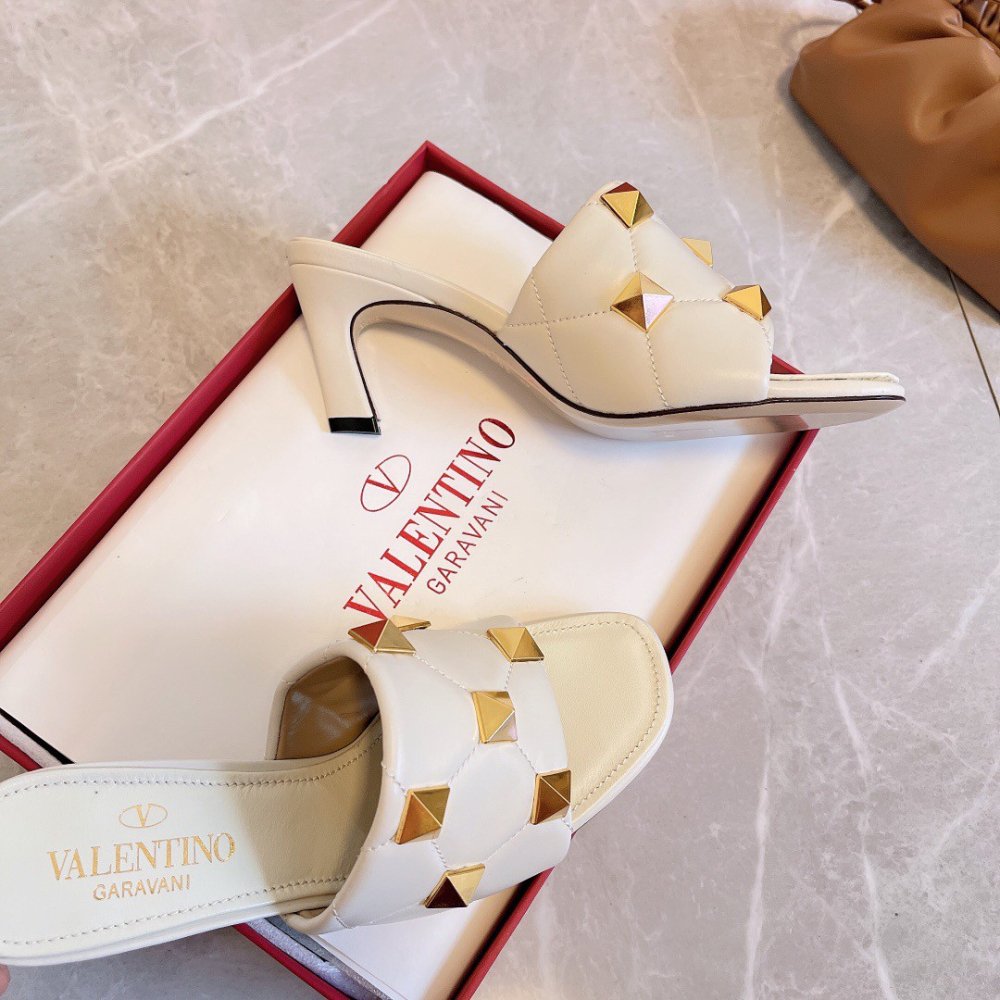 Cheap Reps Valentino Roman Stud Slide Sandals 65mm In White Leather