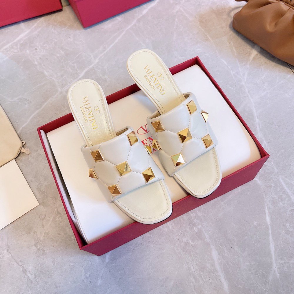 Cheap Reps Valentino Roman Stud Slide Sandals 65mm In White Leather