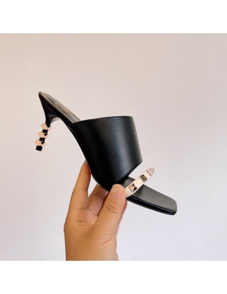Cheap Reps Valentino Black Rockstud Slide Sandals With Sculpted Heel
