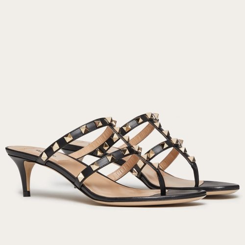 Cheap Reps Valentino Rockstud Flip Flop Sandals 50mm In Black Calfskin