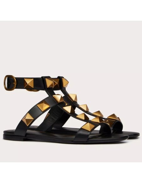 Cheap Reps Valentino Roman Stud Flat Sandals In Black Calfskin