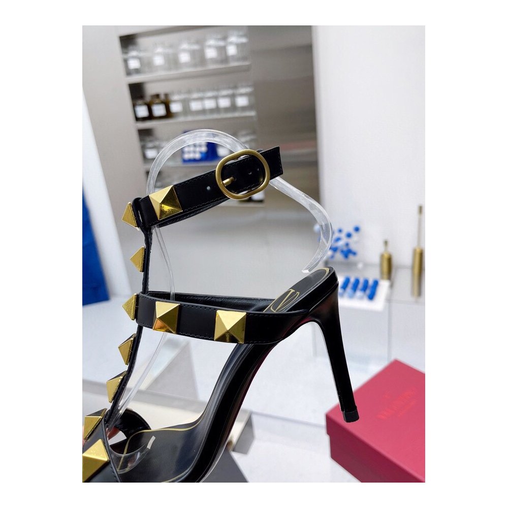 Cheap Reps Valentino Roman Stud Sandals 100mm In Black Calfskin