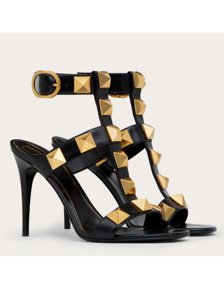 Cheap Reps Valentino Roman Stud Sandals 100mm In Black Calfskin