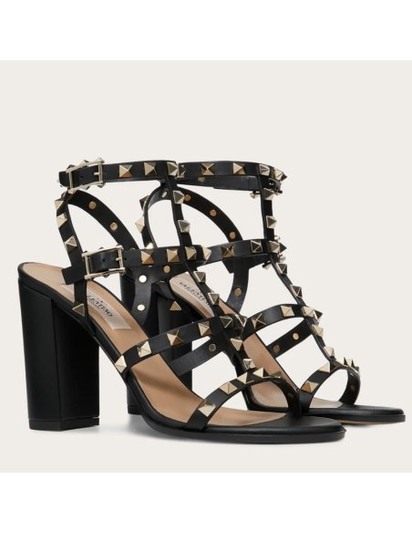 Cheap Reps Valentino Rockstud Ankle Strap Sandals 90mm In Black Calfskin