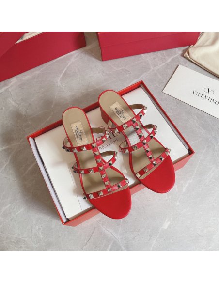 Cheap Reps Valentino Rockstud Slide Sandals 60mm In Red Calfskin