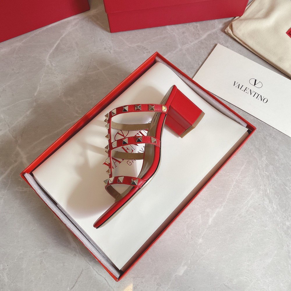 Cheap Reps Valentino Rockstud Slide Sandals 60mm In Red Calfskin