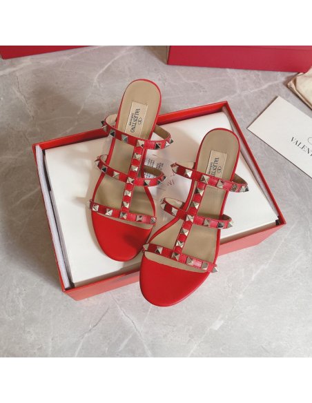 Cheap Reps Valentino Rockstud Slide Sandals 60mm In Red Calfskin