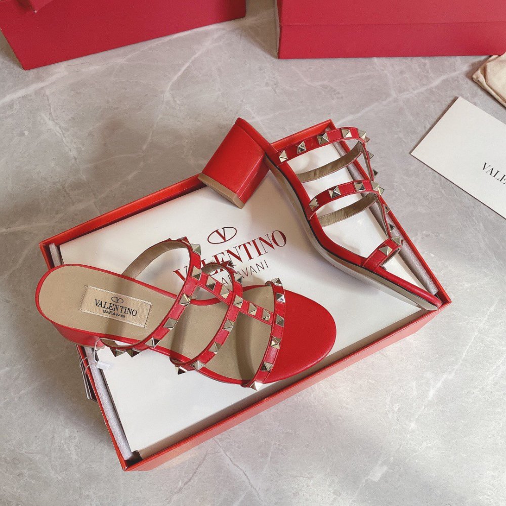 Cheap Reps Valentino Rockstud Slide Sandals 60mm In Red Calfskin