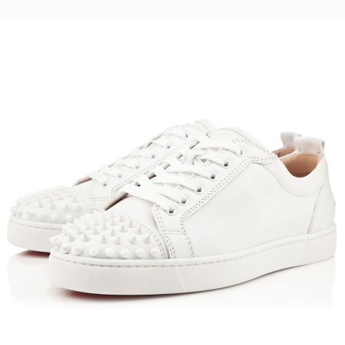 Cheap Reps Christian Louboutin Womens Louis Junior Spikes Sneakers In White Leather