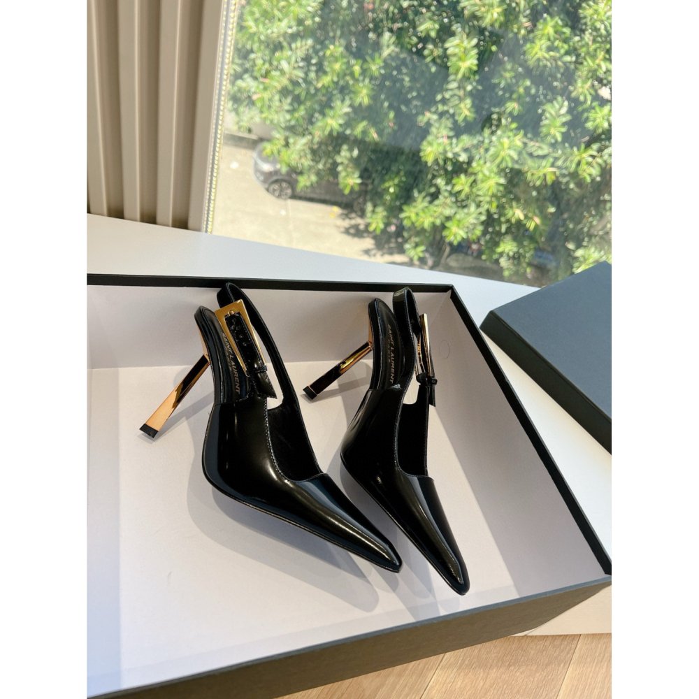Cheap Reps Saint Laurent Lee Slingback Pumps in Black Glazed Leather