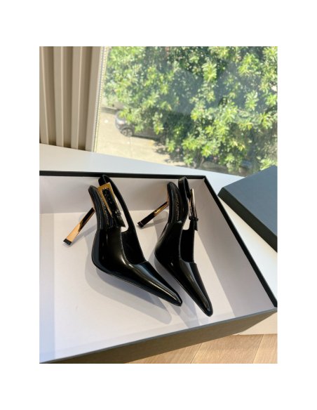 Cheap Reps Saint Laurent Lee Slingback Pumps in Black Glazed Leather
