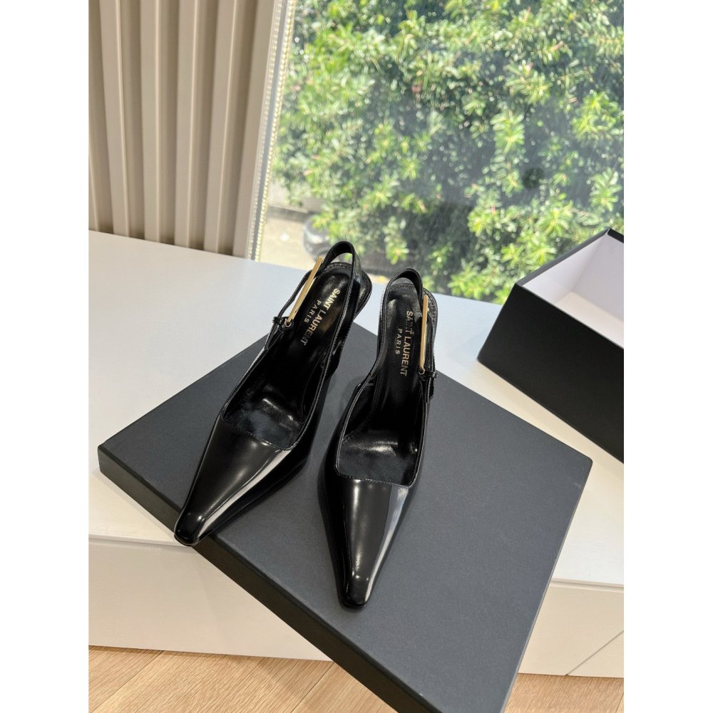 Cheap Reps Saint Laurent Lee Slingback Pumps in Black Glazed Leather